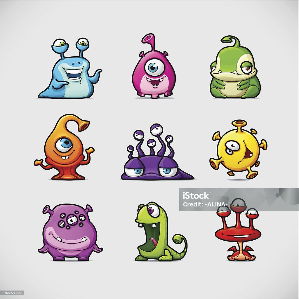 Cute Cartoon Monsters Set of 9 Funny Cartoon Monsters - Vector Illustration. Alien stock vector