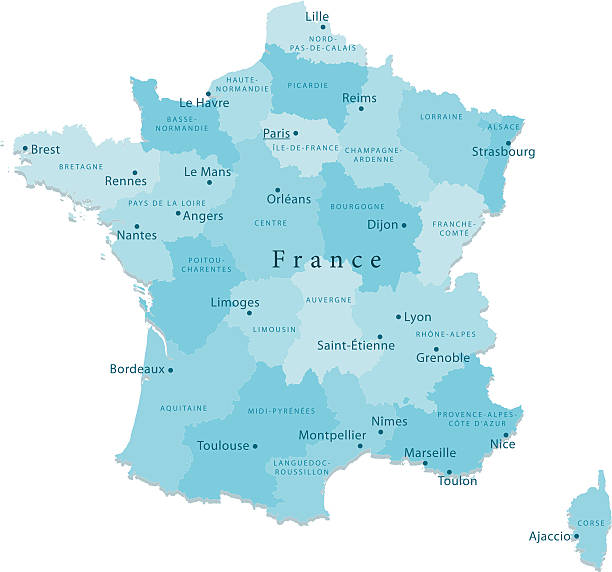 France Vector Map Regions Isolated "Detailed vector map of France with administrative divisions. File was created on October 18, 2012. The colors in the .eps-file are ready for print (CMYK). Included files: EPS (v8) and Hi-Res JPG (5600aa aaa 5246 px)." rhone alpes stock illustrations