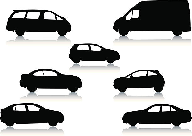 Car silhouettes Vector illustrated silhouettes of cars, and vans. One of a series. sedan stock illustrations