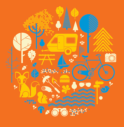 Illustrations of countryside items and activities on orange