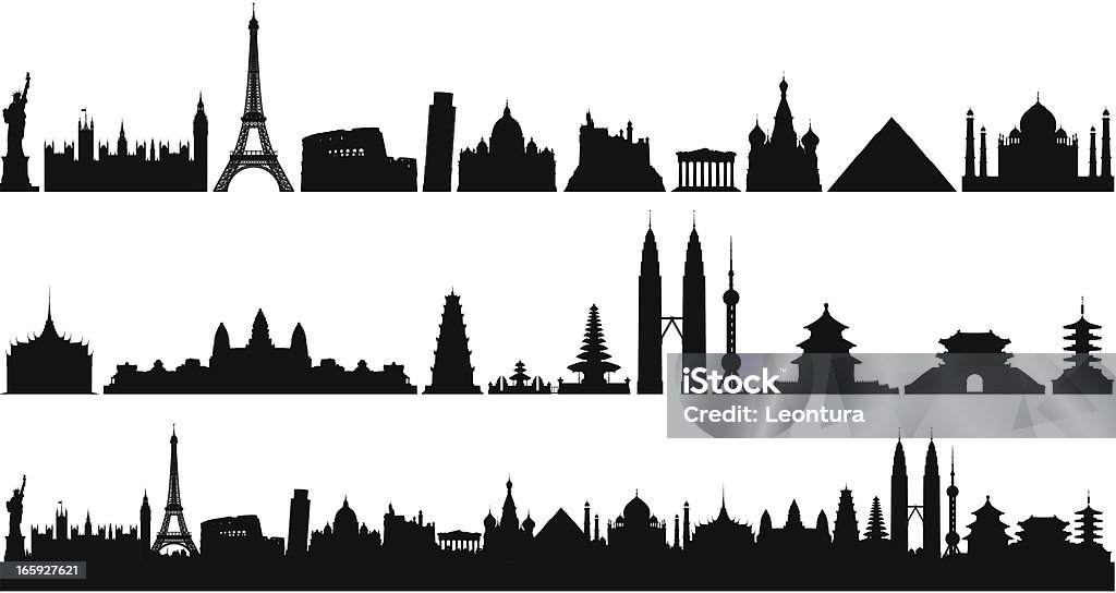 World Skyline (Buildings Are Detailed, Moveable and Complete) Each building is separate, complete and highly detailed. From left to right: Statue of Liberty (America), the Houses of Parliament and Big Ben (Britain), the Eiffel Tower (France), Colosseum and Leaning Tower of Pisa (Italy), Saint Peter's Basilica (Vatican), Neuschwanstein Castle (Germany), Parthenon (Greece), Saint Basil's Cathedral (Russia), Pyramid (Egypt), the Taj Mahal (India), Grand Palace (Thailand), Angkor Wat (Cambodia), Thien Mu Pagoda (Vietnam), Ulan Danu Bratan Temple (Indonesia), Twin Towers (Malaysia), Oriental Pearl TV Tower (China), Temple of Heaven (China), Namdaemun (Korea), and Asakusa Temple (Japan). Vector stock vector