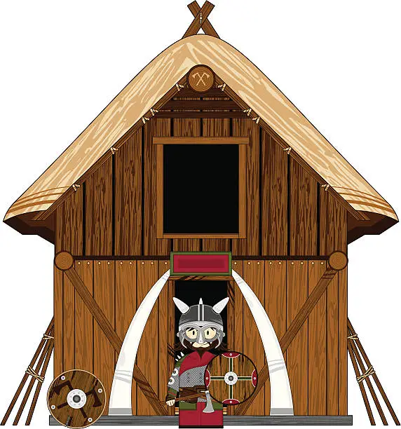 Vector illustration of Fierce Viking Warrior and House