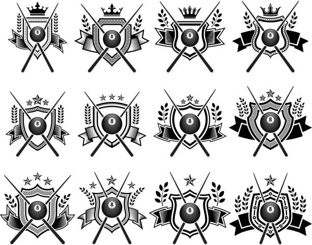 ilustrações de stock, clip art, desenhos animados e ícones de bola de bilhar emblemas preto e branco royalty-free vector conjunto de ícones - sala de bilhar ilustrações