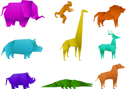 Icon set of coloured origami animals, with origami leopard, origami panther, origami lion, origami tiger, origami cougar, origami jaguar, origami monkey, origami deer, origami horse. Nine origami animal vector illustration. 