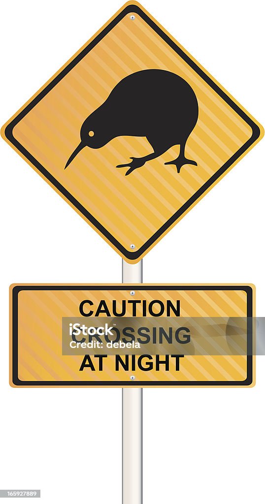 Kiwi Crossing At Night Sign Fluorescent kiwi road sign on a pole. Kiwi Bird stock vector