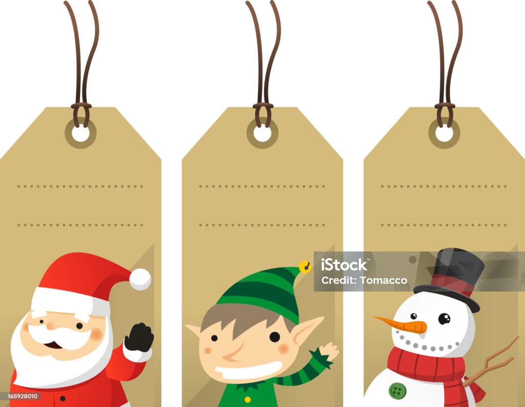 Christmas character label tags Santa Elf Snowman Christmas character label tags. Vector illustration cartoon, with Santa Claus, Elf & snowman.  Gift Tag - Note stock vector