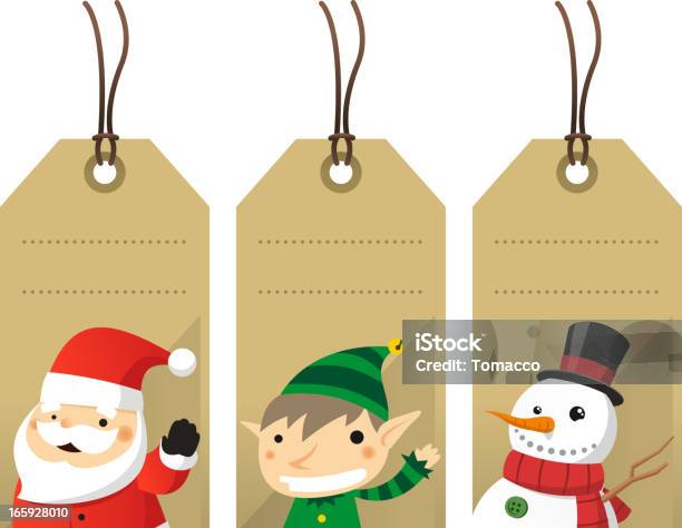 Christmas Character Label Tags Santa Elf Snowman Stock Illustration - Download Image Now - Gift Tag - Note, Santa Claus, Cardboard