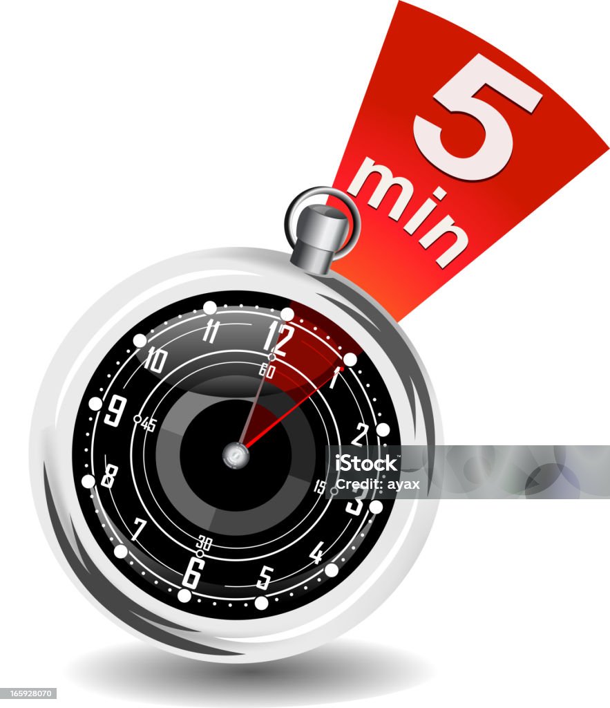 A stopwatch with five minutes highlighted mechanical stopwatch mechanical in steel body. 5 minutes. Timer. See also: Number 5 stock vector