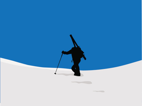 Male ski-climber climbing a snowy ridge; horizontal frame - vector