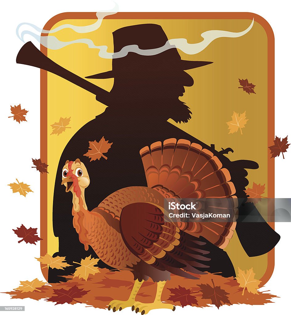 Wild Turkey in Hunter's Shadow Cartoon illustration of wild turkey standing out of pilgrim hunter's shadow. Transparency used for gun smoke effect. High resolution JPG and EPS 10 files included. In Silhouette stock vector