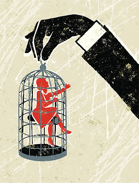illustrazioni stock, clip art, cartoni animati e icone di tendenza di man mano che tiene il piccolo donna intrappolata in una gabbia per gli uccelli - violenza donne