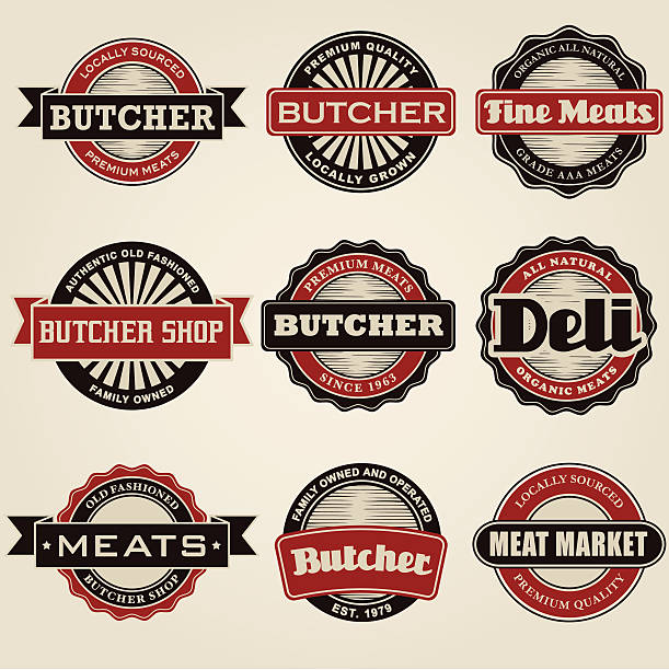 빈티지 butcher 아이콘 세트 - butchers shop butcher meat delicatessen stock illustrations