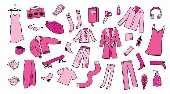 Cute barbiecore hand drawn set with pink clothes and other accessories with  outlined design. Isolated vector illustration
