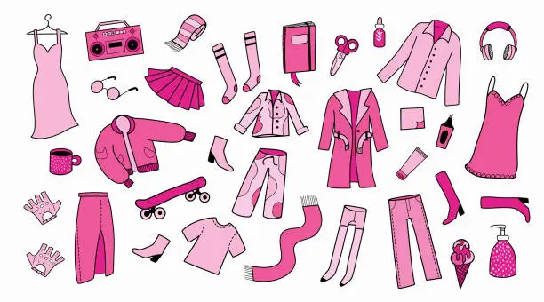 Vector illustration of Girlish pink objects and accessories