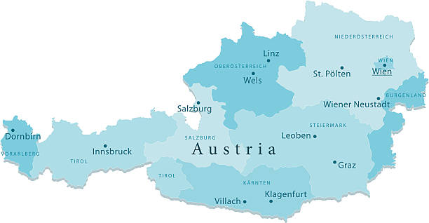 Austria Vector Map Regions Isolated "Detailed vector map of Austria with administrative divisions. File was created on October 29, 2012. The colors in the .eps-file are ready for print (CMYK). Included files: EPS (v8) and Hi-Res JPG (5600aa aaa 3096 px)." austria map stock illustrations