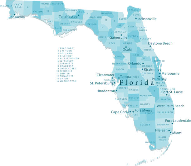 ilustrações de stock, clip art, desenhos animados e ícones de florida vetor mapa de regiões isoladas - florida cartography map florida keys