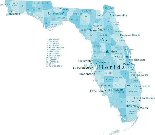 Vector illustration of Florida Vector Map Regions Isolated
