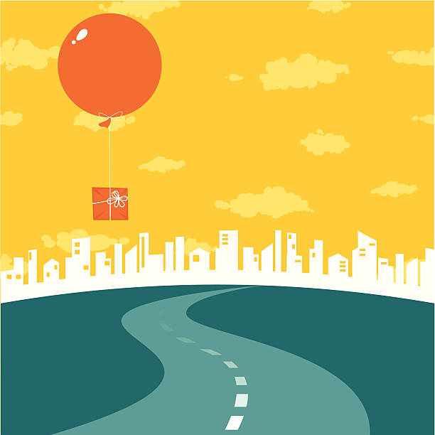 Road to big city Road to the city. Big air balloon with gift in the sky. journey silhouettes stock illustrations