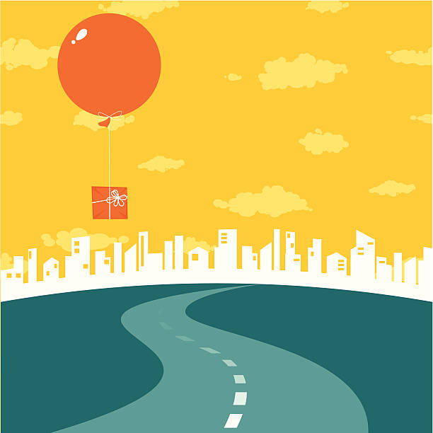 Road to big city Road to the city. Big air balloon with gift in the sky. anniversary silhouettes stock illustrations