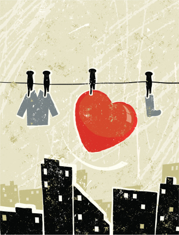 Hung Out To Dry! A stylized vector cartoon of a Heart and pegged onto a washing line in the City, the style is  reminiscent of an old screen print poster, suggesting balance, hung out to dry, house work,laundry, come clean, instability,love, marriage, romance or Valentine's day. Heart, cityscape, pegs, clothes, paper texture and background are on different layers for easy editing. Please note: clipping paths have been used,  an eps version is included without the path.