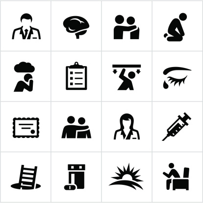 Mental health related icons. All white strokes/shapes are cut from the icons and merged allowing the background to show through.