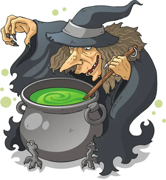 Vector illustration of Witch Preparing Green Magic Potion Halloween