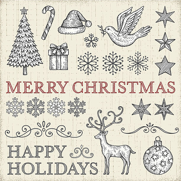 boże narodzenie ręcznie rysowane elementy - candy cane christmas holiday old fashioned stock illustrations