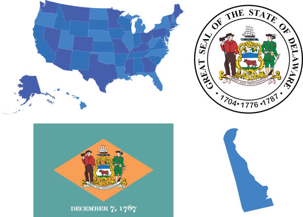 ilustraciones, imágenes clip art, dibujos animados e iconos de stock de el estado de delaware - state seal