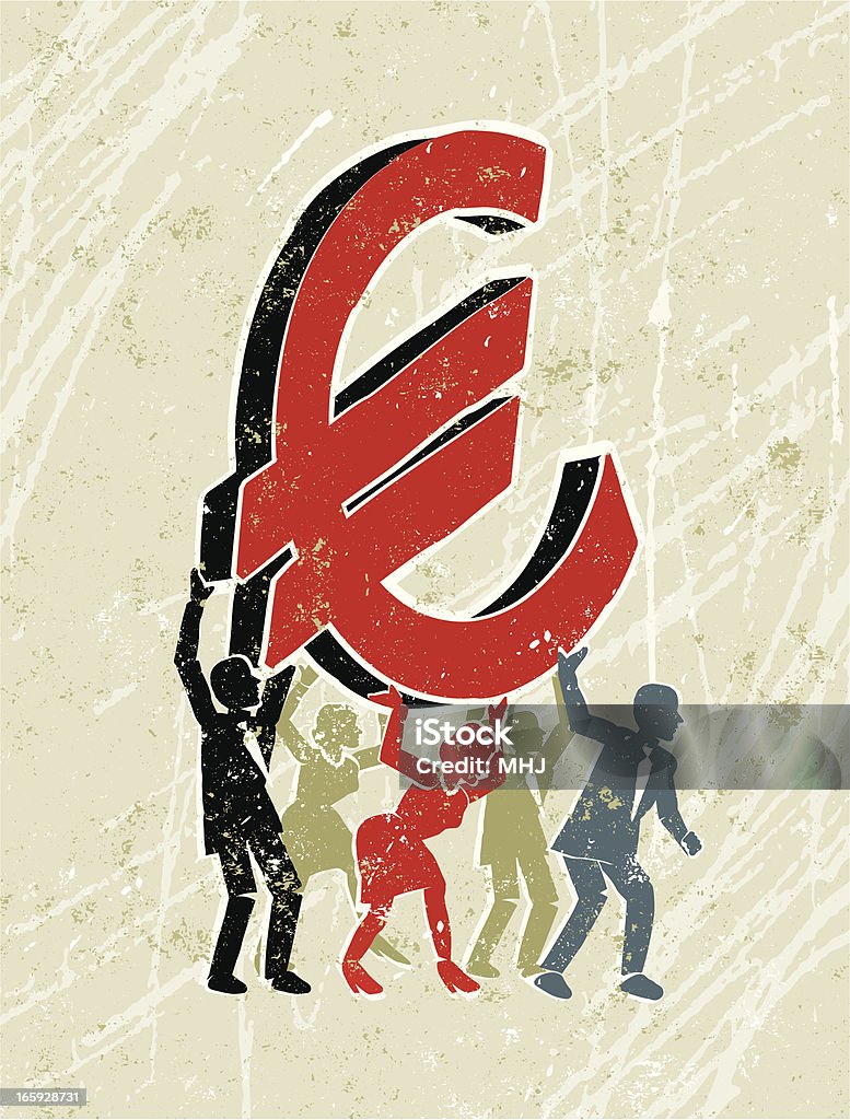 Homens de negócios e mulheres carregar um gigantesco Símbolo do Euro - Royalty-free Mulheres arte vetorial