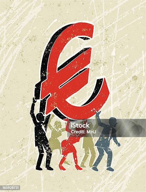 Homens De Negócios E Mulheres Carregar Um Gigantesco Símbolo Do Euro - Arte vetorial de stock e mais imagens de Mulheres