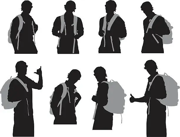 Vector illustration of Multiple images of a man with backpack