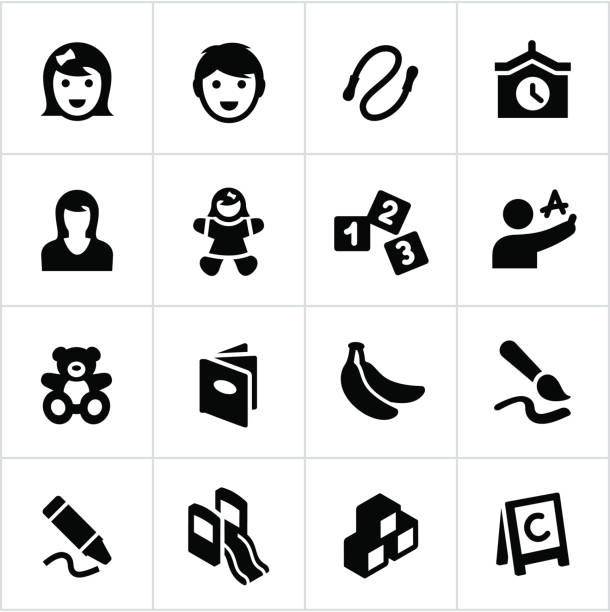 Black Preschool and Day Care Icons Preschool or day care related icons. All white strokes/shapes  are cut from the icons and merged allowing the background to show through. colouring stock illustrations