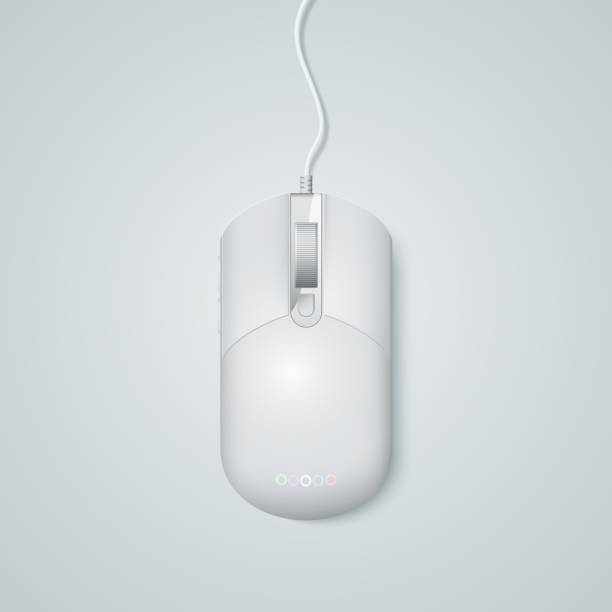 Realistic white computer mouse isolated on a light background. White 3d vector mouse decorated with glowing LEDs. magic mouse stock illustrations