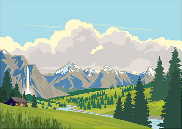Cabin in the Mountains Log cabin in the mountains with a waterfall and tall fir trees beside a river. Sky is blue with some stylised clouds. Sky and clouds are easily deleted if required. Art on easily edited layers. Download includes a large high-res jpeg. scenics nature illustrations stock illustrations