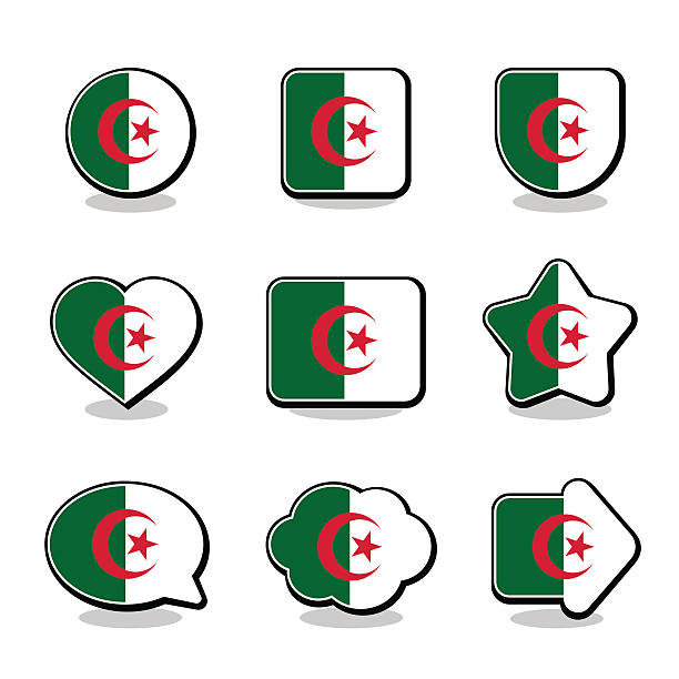 ALGERIA FLAG ICON SET Set of original icons of different shapes: algeria flag silhouettes stock illustrations