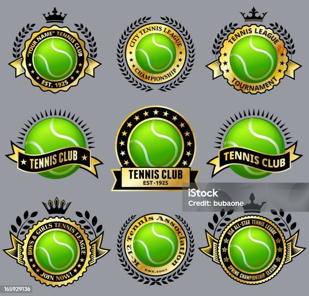 Tenis Ball Z Złote Odznaki Wektor Zestaw Ikon Royaltyfree - Stockowe grafiki wektorowe i więcej obrazów Tenis