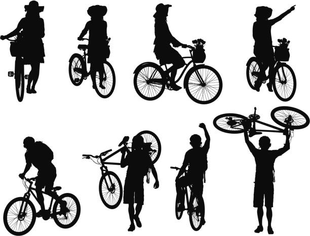 Man and woman cycling Man and woman cyclinghttp://www.twodozendesign.info/i/1.png female mountain biker silhouette stock illustrations