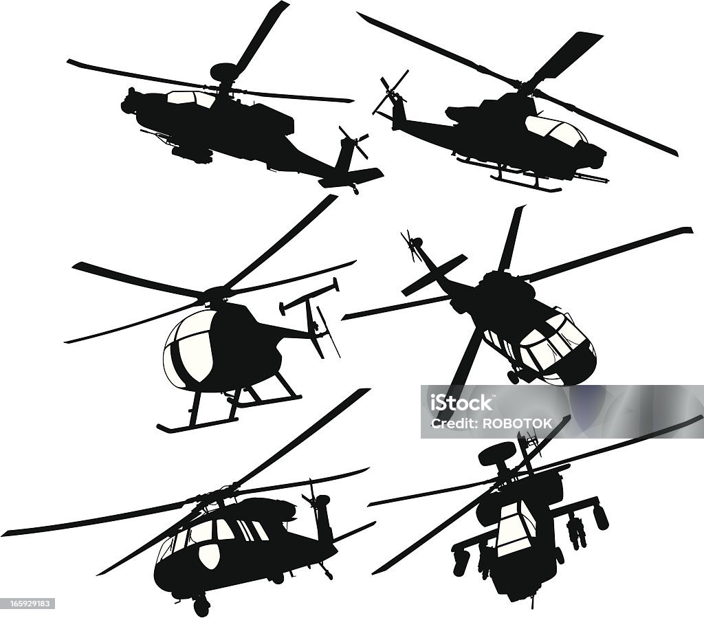 Collection of military transport and combat helicopters Detailed silhouettes of modern combat or transport helicopters seen from different angles. The collection contains two AH-64 Apache Longbow, one AH-1 Cobra, one MH-6 Littlebird, and two UH-60 Blackhawk. The windows are separated from the main black silhouettes to easily delete them or change their colors. Helicopter stock vector