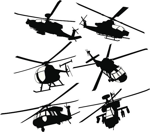 Collection of military transport and combat helicopters Detailed silhouettes of modern combat or transport helicopters seen from different angles. The collection contains two AH-64 Apache Longbow, one AH-1 Cobra, one MH-6 Littlebird, and two UH-60 Blackhawk. The windows are separated from the main black silhouettes to easily delete them or change their colors. helicopter illustrations stock illustrations