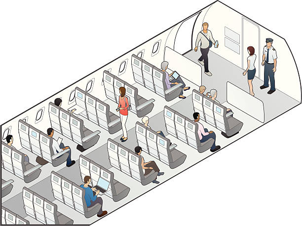Airplane Seating Illustration "Cutaway illustration of an airplane fuselage, with pilot, flight attendant, and 12 passengers in isometric view." fuselage stock illustrations
