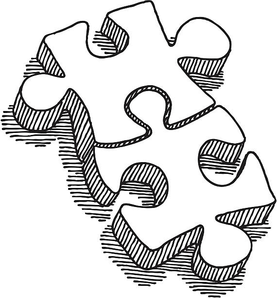 illustrazioni stock, clip art, cartoni animati e icone di tendenza di due puzzle pezzi disegno di connessione - solution puzzle strategy jigsaw piece