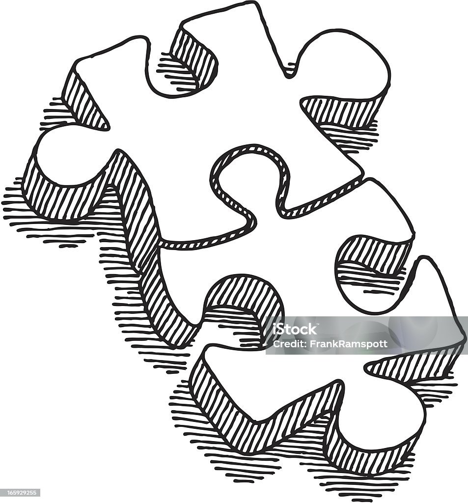 Two Puzzle Pieces Connection Drawing Hand-drawn vector sketch of two connected Puzzle Pieces. Concept image for Teamwork. Black-and-White sketch on a transparent background (.eps-file). Included files: EPS (v8) and Hi-Res JPG. Jigsaw Puzzle stock vector
