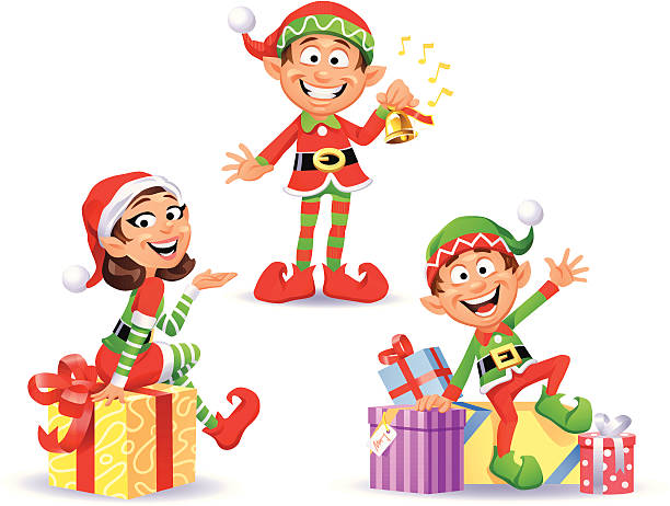 Christmas Elves 2 Illustration of three happy Christmas Elves isolated on white. EPS 8, fully editable and labeled in layers. elf stock illustrations