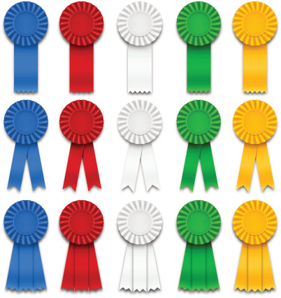 Award ribbons of five colors and three types. Vector Illustration EPS10 with effect transparent shadows (drop shadow). Each element grouped and easy to use.