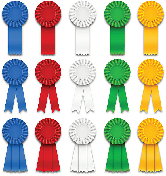 Award Ribbons Award ribbons of five colors and three types. Vector Illustration EPS10 with effect transparent shadows (drop shadow). Each element grouped and easy to use. Third Place stock illustrations