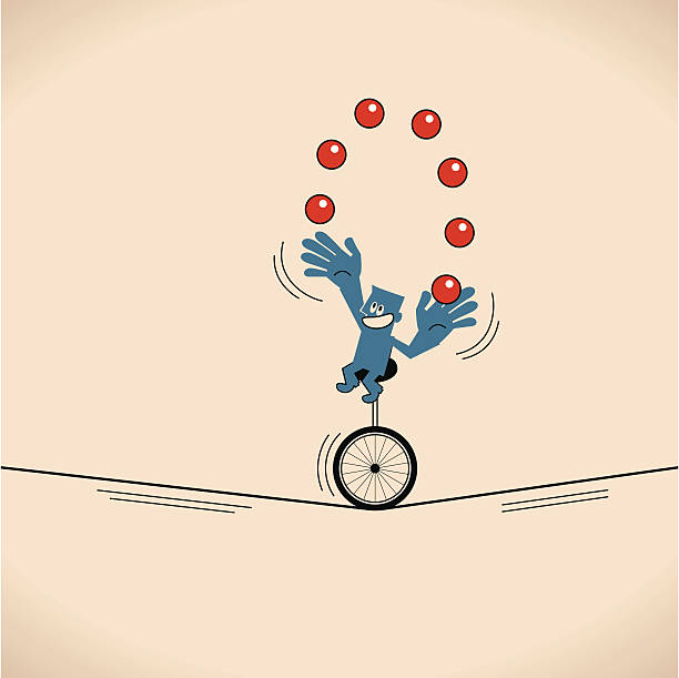 lächelnd mann (geschäftsmann), einrad jonglier-bälle - unicycle cycling balance businessman stock-grafiken, -clipart, -cartoons und -symbole