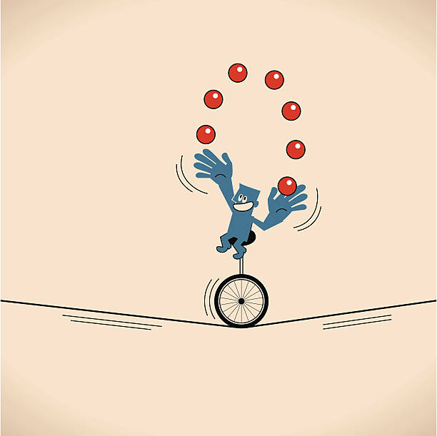 illustrazioni stock, clip art, cartoni animati e icone di tendenza di uomo sorridente, uomo d'affari), unicycle fare il giocoliere palle - unicycle cycling balance businessman