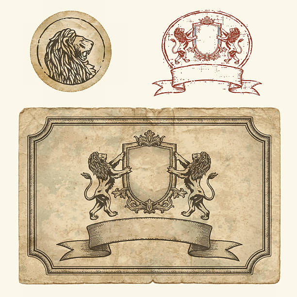ilustraciones, imágenes clip art, dibujos animados e iconos de stock de vintage etiquetas y sello con leones - frame ornate old fashioned shield