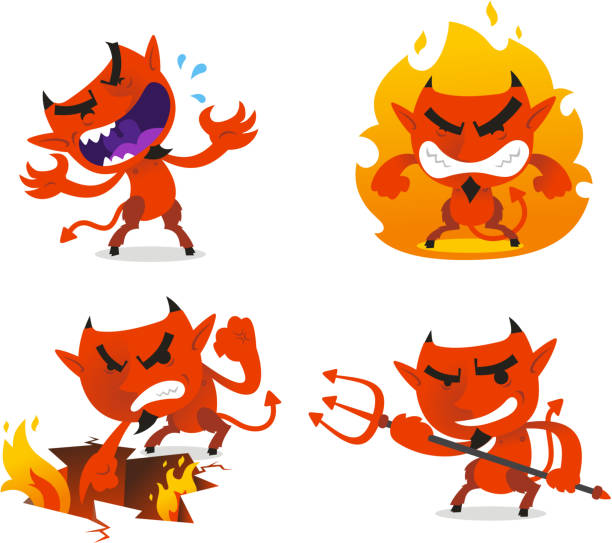 illustrazioni stock, clip art, cartoni animati e icone di tendenza di set di diavolo - trident devil horned demon