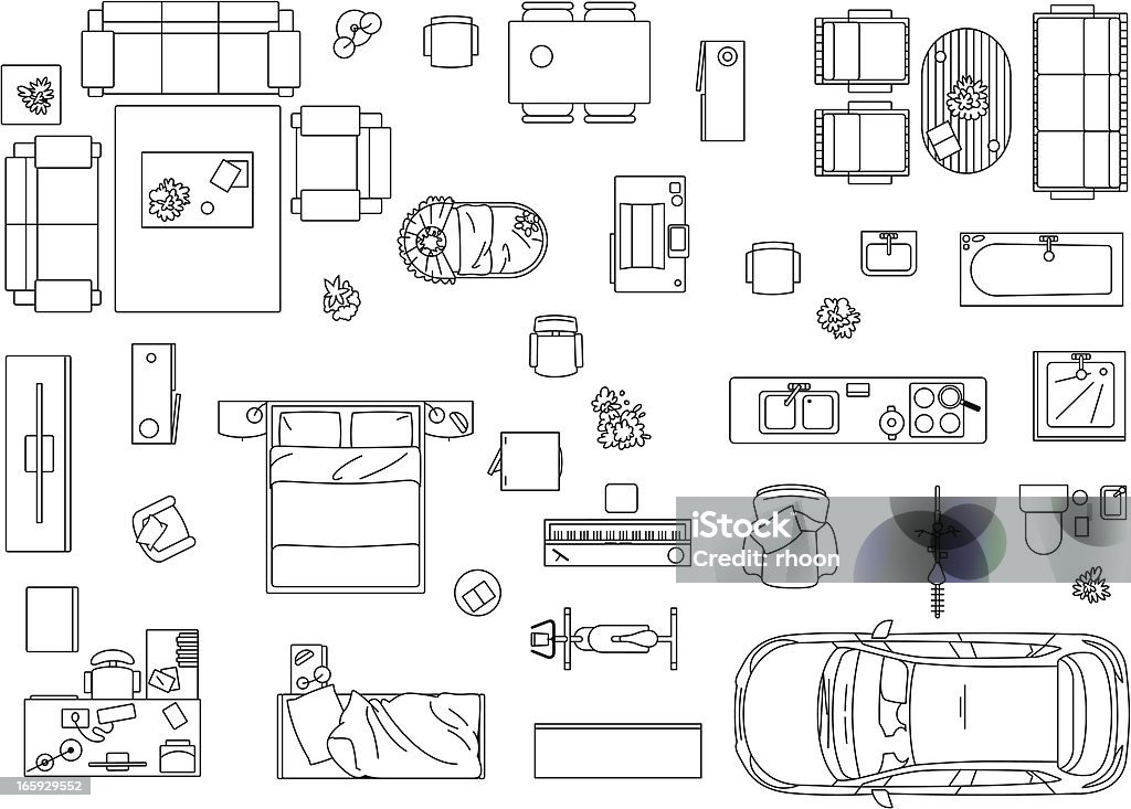 Imagem vetorial conjunto de mobiliário, electrodomésticos e carros - Royalty-free Carro arte vetorial